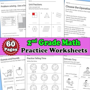 Math 2nd Grade Worksheets 60 Page | Summer Workbook for Kids | Summer Math Worksheet 2nd Grade Learning Pack Math | Printable Digital Book