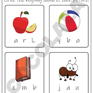 Printable beginning sounds worksheets for preschool and kindergarten. Children circle the beginning sound of pictures, match objects to starting letters, and write the missing first letter. These phonics printables help build early reading and sound recognition skills. Ideal for homeschool or classroom learning. Includes black-and-white pages for easy printing. Great for phonemic awareness, letter-sound matching, and alphabet learning