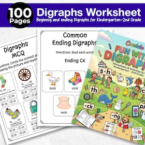 Może przedstawiać: Zestaw 100 stron arkuszy edukacyjnych zatytułowany Fun With Digraphs dla przedszkola i klas 1-2. Obraz przedstawia trzy strony z pytaniami wielokrotnego wyboru, ćwiczeniami na dwuznaki oraz kolorową okładkę z ilustracjami.