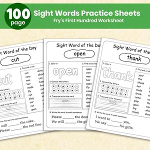 May include: Three white worksheets with sight word practice exercises. Each sheet features a different word: "cut", "open", and "thank". The worksheets include activities like coloring, letter connections, and sentence completion, designed for early literacy.