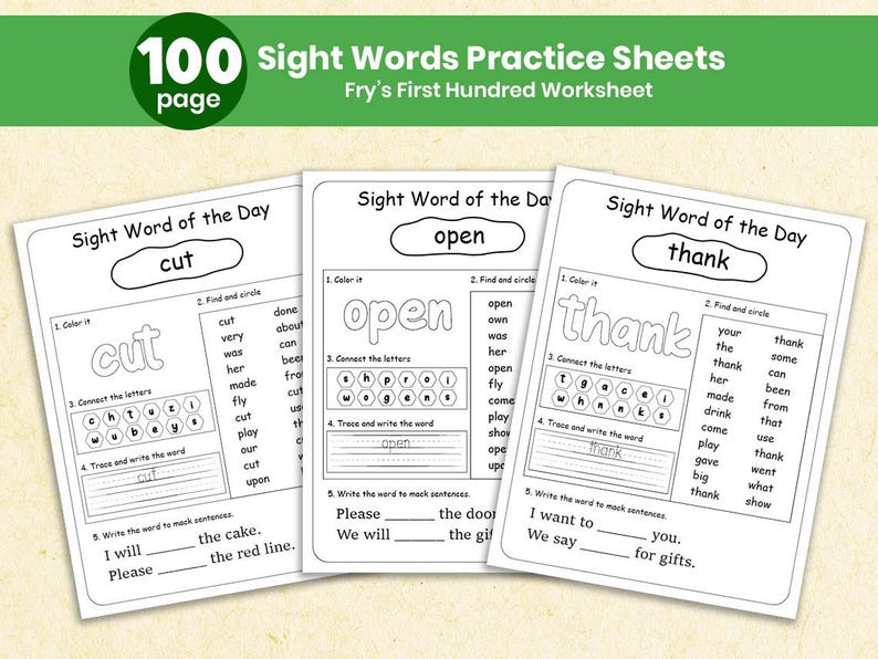 100 Sight Words Worksheets for Kids | Fry First Hundred Words, Learn to ...