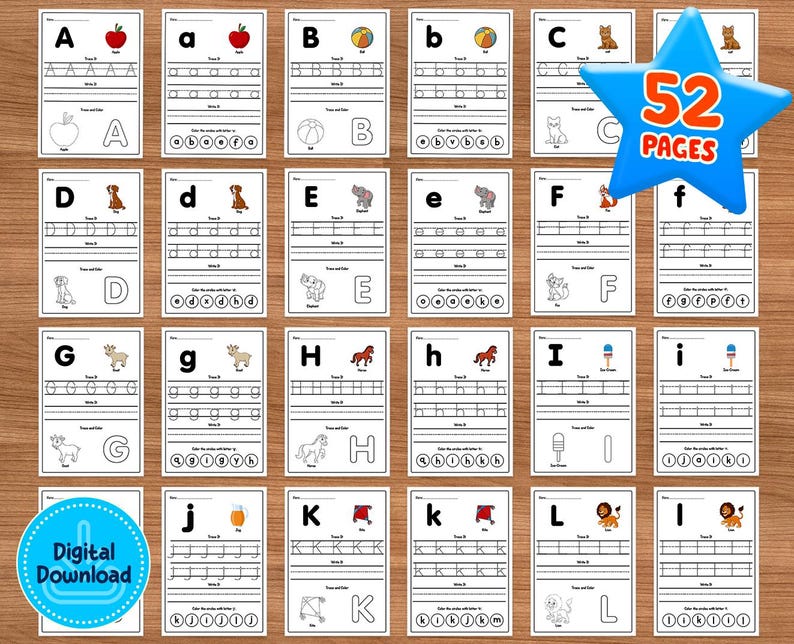 52 Letter Writing Tracing Coloring | Uppercase Lowercase Alphabet ...