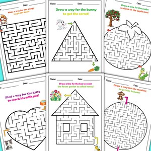 May include: Five black and white maze puzzles for kids. Each puzzle features a different animal and a goal for the animal to reach. The animals include a puppy, a bunny, a snake, a kitty, and a monkey.