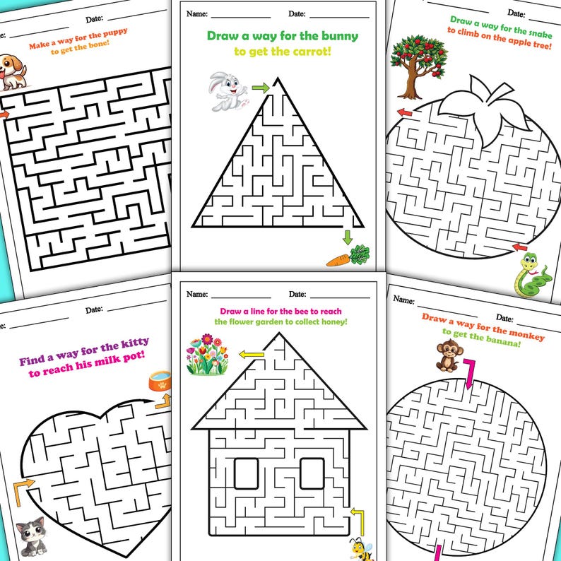 May include: Five black and white maze puzzles for kids. Each puzzle features a different animal and a goal for the animal to reach. The animals include a puppy, a bunny, a snake, a kitty, and a monkey.