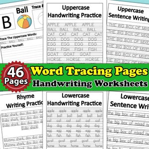 May include: A set of 46 printable worksheets for kids to practice handwriting. The worksheets feature uppercase and lowercase letter tracing, word tracing, and sentence writing. The worksheets include words like "apple", "ball", "cat", "dog", "egg", "fish", "goat", and "horse".