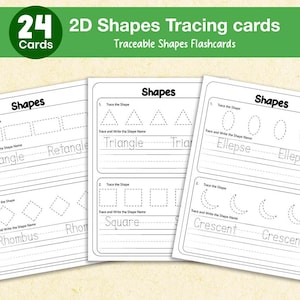 Op de afbeelding: Een set van 24 traceerkaarten voor 2D-vormen. De kaarten bevatten vormen zoals rechthoeken, driehoeken en ellipsen, met stippellijnen om te traceren en ruimte om de vormnamen te schrijven. De kaarten zijn ontworpen voor educatieve doeleinden.