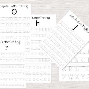 26 uppercase letters for handwriting practice in 1  page, along with 5 different capital and small letters tracing & handwriting practice pages, respectively O & c, h, j, y alphabet tracing pages alphabet worksheets for kids toddlers activity book abc learning book tracing book ELA learning worksheets