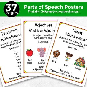 Puede incluir: Un conjunto de 37 pósteres educativos imprimibles titulados Parts of Speech Posters. Los pósteres incluyen definiciones y ejemplos de pronombres, adjetivos y sustantivos, con ilustraciones coloridas de una manzana roja, un elefante, un perro, una niña y una casa.