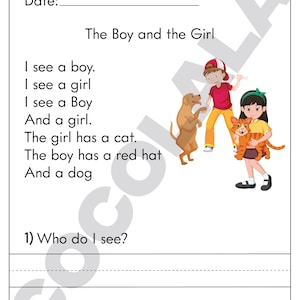 Printable reading comprehension worksheets for Kindergarten and First Grade. Includes 30+ short reading passages with follow-up questions to help children build reading fluency, vocabulary, and understanding. Perfect for homeschool, classroom use, or language arts enrichment. Delivered as an easy-to-print black and white PDF, sized for standard US Letter paper.