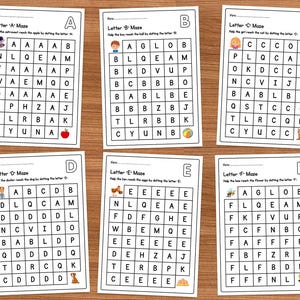May include: Six black and white printable worksheets for kids to practice letter recognition. Each worksheet features a maze with a different letter of the alphabet. The goal is to help the character reach the object by tracing the path of the correct letter.