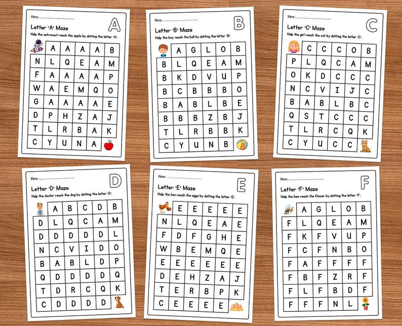 May include: Six black and white printable worksheets for kids to practice letter recognition. Each worksheet features a maze with a different letter of the alphabet. The goal is to help the character reach the object by tracing the path of the correct letter.