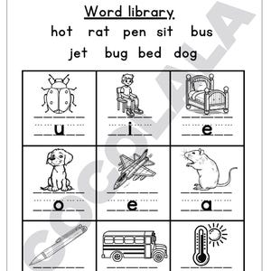 May include: Black and white worksheet with the title "Word library." The worksheet features illustrations of a bug, a boy, a bed, a dog, a jet, a rat, a pen, a school bus, and a thermometer. Each image has a blank line below it.