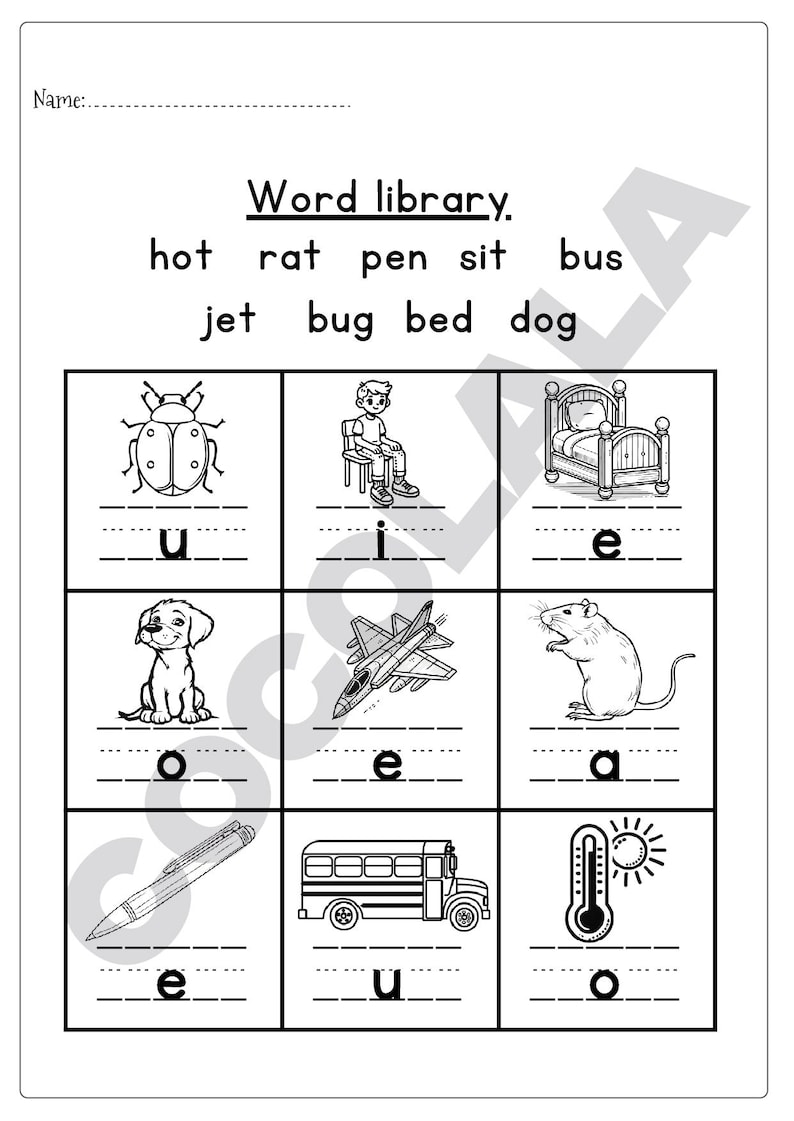 May include: Black and white worksheet with the title "Word library." The worksheet features illustrations of a bug, a boy, a bed, a dog, a jet, a rat, a pen, a school bus, and a thermometer. Each image has a blank line below it.