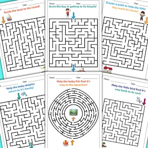 May include: A set of six black and white maze puzzles for kids. Each puzzle features a different theme, including a boat, a boy on a bicycle, a house, a dolphin, a fish, and a bird. The puzzles are printed on white paper with black lines.