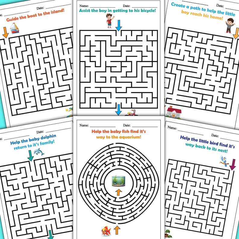May include: A set of six black and white maze puzzles for kids. Each puzzle features a different theme, including a boat, a boy on a bicycle, a house, a dolphin, a fish, and a bird. The puzzles are printed on white paper with black lines.