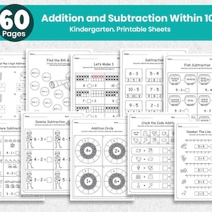Kindergarten and preschool math worksheets featuring addition and subtraction problems for early learners. Includes 50+ printable pages in PDF format, ideal for classroom, homeschool, or at-home practice. Designed for kids aged 4–6 to build strong foundational math skills through engaging visuals and structured exercises. Instant download, easy to print and reuse.