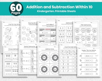 Kindergarten Math Worksheets Printable PDF | Addition & Subtraction Practice | Preschool Math Activity | Homeschool Practice Workbook