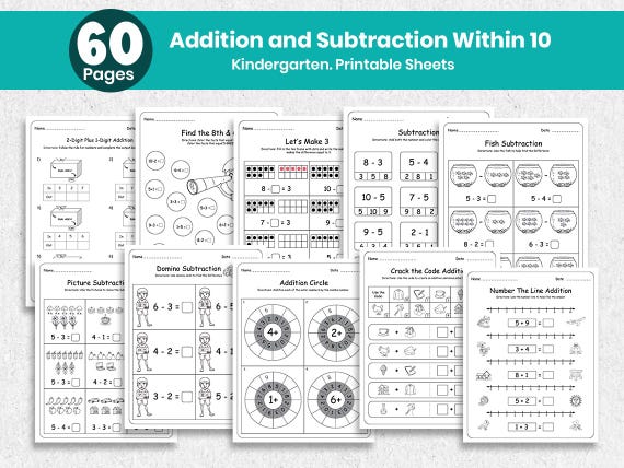 Kindergarten Math Worksheets Printable PDF | Addition & Subtraction Practice | Preschool Math Activity | Homeschool Practice Workbook