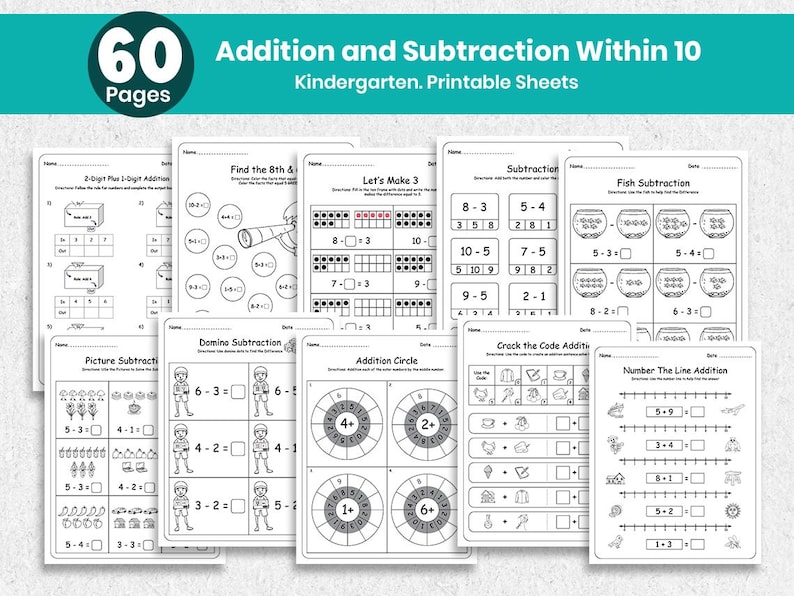 Kindergarten and preschool math worksheets featuring addition and subtraction problems for early learners. Includes 50+ printable pages in PDF format, ideal for classroom, homeschool, or at-home practice. Designed for kids aged 4–6 to build strong foundational math skills through engaging visuals and structured exercises. Instant download, easy to print and reuse.