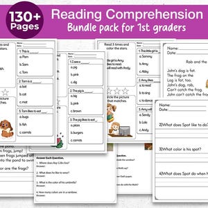 Könnte beinhalten: Ein Bündel von Arbeitsblättern zum Leseverständnis für Erstklässler. Die Arbeitsblätter enthalten Lesetexte, Lückentexte und Bildzuordnungsaktivitäten. Das Cover zeigt den Text "Reading Comprehension Bundle pack for 1st graders" und "130+ Pages".