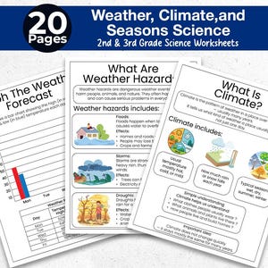 May include: Educational worksheets for 2nd and 3rd grade science. The image shows three pages with titles like "Graph The Weather Forecast" and "What Is Climate?" The worksheets cover weather hazards and climate.