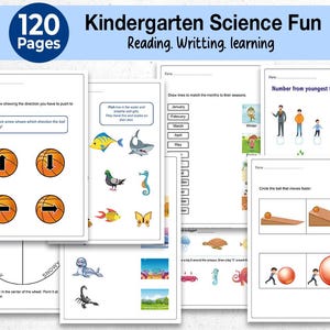 Pode incluir: Uma coleção de folhas de trabalho educacionais para a ciência do jardim de infância. As páginas apresentam várias atividades, incluindo a correspondência de estações, a identificação da direção de uma bola rolante e o aprendizado sobre animais. A capa diz "Kindergarten Science Fun" e "120 páginas."