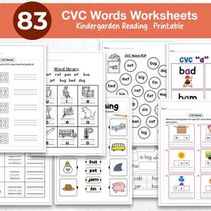May include: A collection of printable CVC word worksheets for kindergarten reading. The worksheets feature various exercises, including identifying words, matching pictures, and filling in missing letters. The image includes the text "83 CVC Words Worksheets".