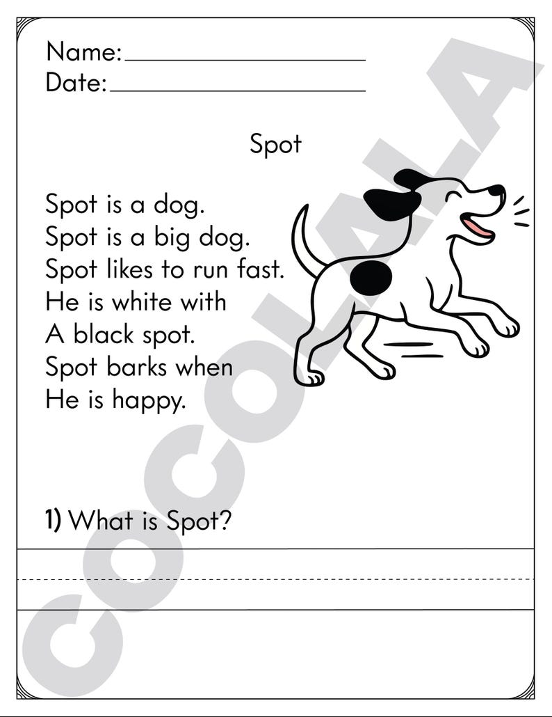 Printable reading comprehension worksheets for Kindergarten and First Grade. Includes 30+ short reading passages with follow-up questions to help children build reading fluency, vocabulary, and understanding. Perfect for homeschool, classroom use, or language arts enrichment. Delivered as an easy-to-print black and white PDF, sized for standard US Letter paper.