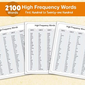 May include: A set of three white flashcards with lists of high-frequency words for educational purposes. The cards are titled "High Frequency Words" and include lists of words from "List 1" to "List 4". The top banner reads "2100 High Frequency Words".