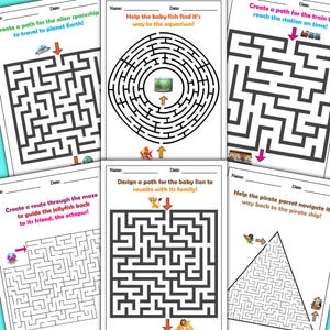 May include: Five black and white maze puzzles for kids. Each puzzle features a different animal and a destination. The puzzles include a jellyfish, a fish, a lion, a train, and a parrot.