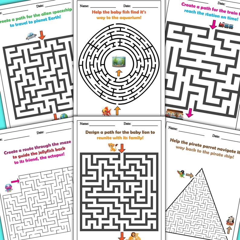 May include: Five black and white maze puzzles for kids. Each puzzle features a different animal and a destination. The puzzles include a jellyfish, a fish, a lion, a train, and a parrot.