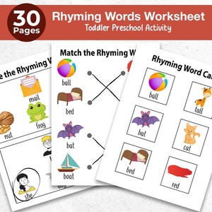 May include: A set of three educational worksheets for toddlers and preschoolers. The worksheets feature colorful illustrations and rhyming word activities, including matching and circling rhyming words. The top banner reads "30 Pages" and "Rhyming Words Worksheet".