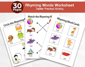 30 Rhyming Word Matching Cards Printable for Kids, Preschool & Kindergarten Literacy Activity, Learn Word Rhymes with Flashcard Worksheets