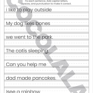 "Sentence Correction Worksheets" cover featuring a dog and cat illustration. Preview pages show sentences like "i like to play outside" and "The catis sleeping" with designated lines for students to rewrite them correctly. The design is clean and professional with intentional white space on both sides for a balanced look. The black-and-white printable layout is clear and easy to read, shown as a professional 8.5x11 inch PDF format.