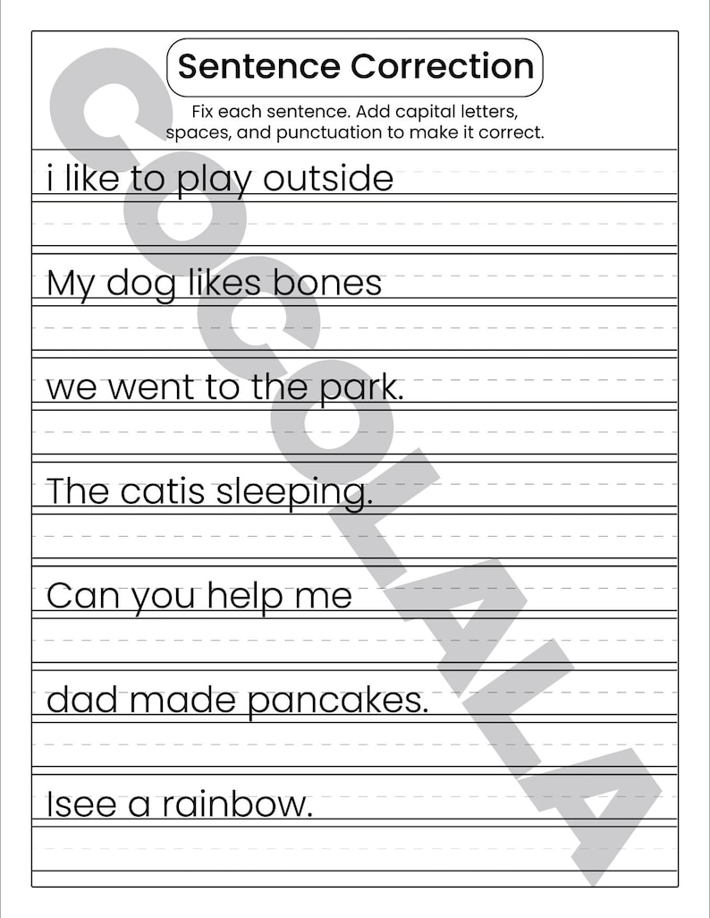 "Sentence Correction Worksheets" cover featuring a dog and cat illustration. Preview pages show sentences like "i like to play outside" and "The catis sleeping" with designated lines for students to rewrite them correctly. The design is clean and professional with intentional white space on both sides for a balanced look. The black-and-white printable layout is clear and easy to read, shown as a professional 8.5x11 inch PDF format.