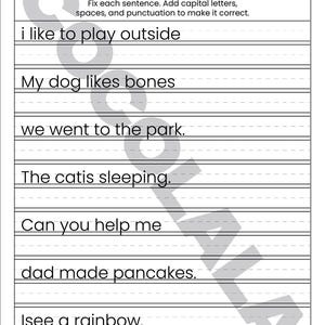 "Sentence Correction Worksheets" cover featuring a dog and cat illustration. Preview pages show sentences like "i like to play outside" and "The catis sleeping" with designated lines for students to rewrite them correctly. The design is clean and professional with intentional white space on both sides for a balanced look. The black-and-white printable layout is clear and easy to read, shown as a professional 8.5x11 inch PDF format.