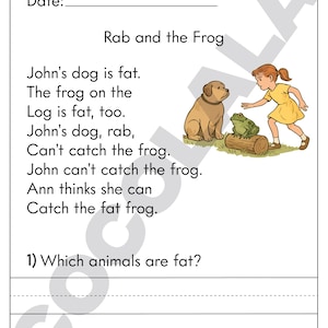 Printable reading comprehension worksheets for Kindergarten and First Grade. Includes 30+ short reading passages with follow-up questions to help children build reading fluency, vocabulary, and understanding. Perfect for homeschool, classroom use, or language arts enrichment. Delivered as an easy-to-print black and white PDF, sized for standard US Letter paper.