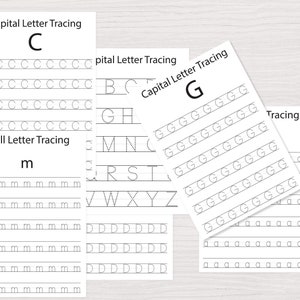 26 capital alphabets for handwriting practice in 1  page, along with 5 different capital and small letters tracing & handwriting practice pages, respectively C, D, G & a, m alphabet tracing pages alphabet worksheets for kids toddlers activity book abc learning book tracing book ELA learning worksheets