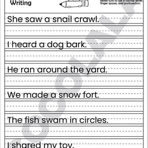 Printable sentence writing worksheets for 1st to 3rd grade students. Includes 50 pages with picture prompts and guided lines to help kids practice writing complete sentences. Supports grammar, punctuation, handwriting, and early composition skills. Great for homeschool, ELA classrooms, or writing centers. Delivered as a digital PDF in A4 and US Letter sizes for easy printing.