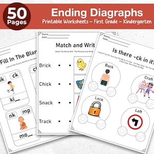 May include: A stack of three printable worksheets for first grade and kindergarten students. The worksheets are titled "Ending Diagraphs" and feature exercises like matching words to pictures and identifying words with specific letter combinations. The top banner reads "50 Pages".