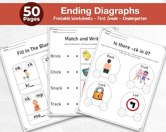 Schede di lavoro stampabili sui digrammi finali / Esercizi sulle parole per bambini / Alfabetizzazione per la scuola materna e la prima elementare / Download PDF per l'istruzione parentale