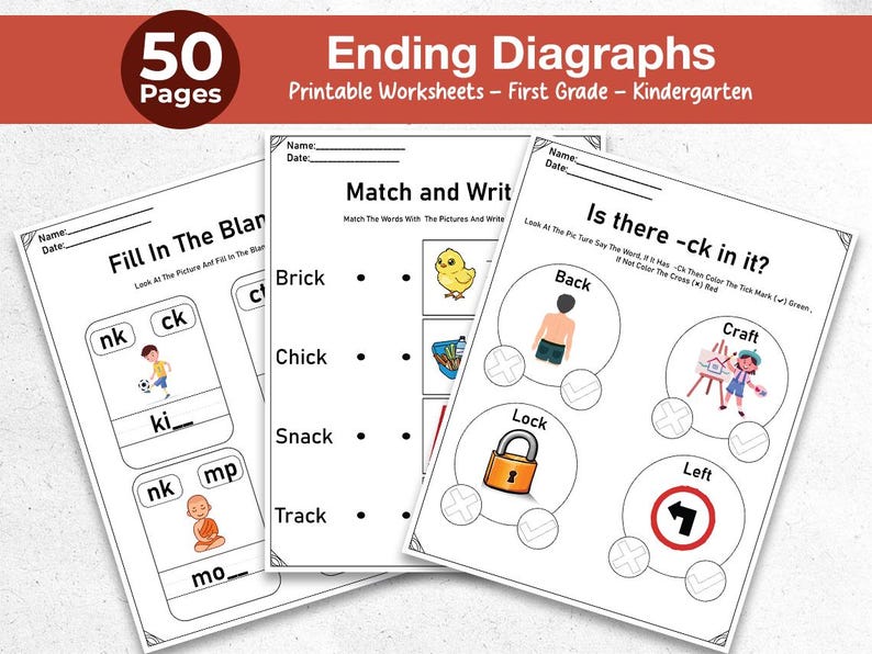 Ending Digraph Worksheets Printable | Kids Word Practice | Kindergarten ...