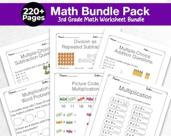 220+ Math Worksheets Bundle - 3rd Grade Math Curriculum - Multiplication Division Subtraction Practice Pages - Grade 3 Math Digital Download