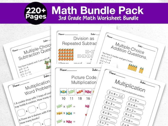 220+ Math Worksheets Bundle - 3rd Grade Math Curriculum - Multiplication Division Subtraction Practice Pages - Grade 3 Math Digital Download