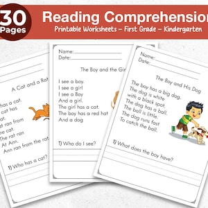 May include: Reading comprehension worksheets for first grade and kindergarten. The image shows three printable pages with reading passages and questions. One page features a cat and rat, another a boy and girl, and the last a boy and his dog.