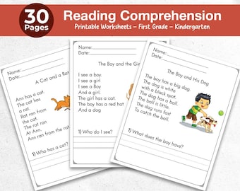 30 Reading Comprehension Worksheets Printable | Kindergarten First Grade Language Arts | Reading Passages with Questions | PDF Download