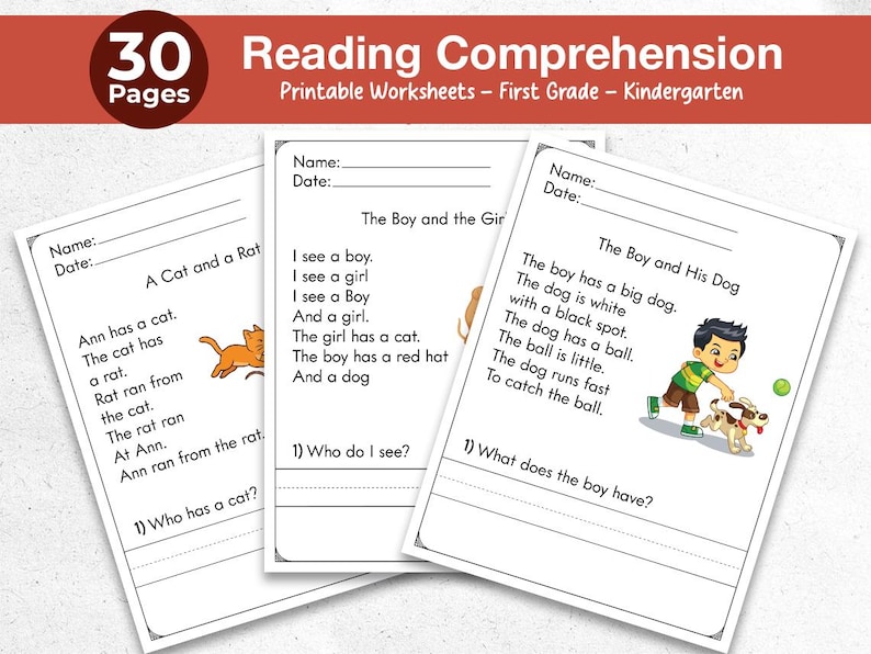 Printable reading comprehension worksheets for Kindergarten and First Grade. Includes 30+ short reading passages with follow-up questions to help children build reading fluency, vocabulary, and understanding. Perfect for homeschool, classroom use, or language arts enrichment. Delivered as an easy-to-print black and white PDF, sized for standard US Letter paper.