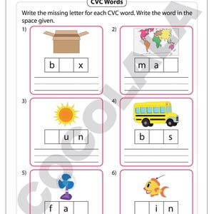 May include: Educational worksheet for CVC words. The worksheet includes six images with missing letters, such as a box, map, sun, school bus, fan, and fish. The instructions are to write the missing letter for each CVC word.