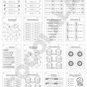Kindergarten and preschool math worksheets featuring addition and subtraction problems for early learners. Includes 50+ printable pages in PDF format, ideal for classroom, homeschool, or at-home practice. Designed for kids aged 4–6 to build strong foundational math skills through engaging visuals and structured exercises. Instant download, easy to print and reuse.