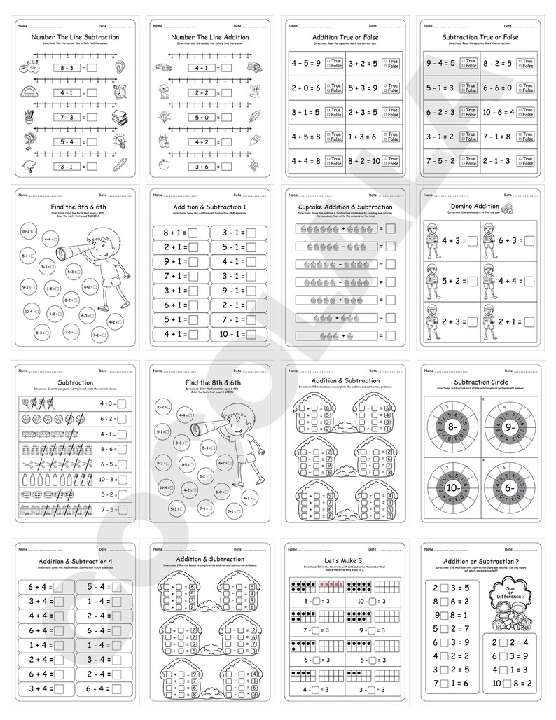 Kindergarten and preschool math worksheets featuring addition and subtraction problems for early learners. Includes 50+ printable pages in PDF format, ideal for classroom, homeschool, or at-home practice. Designed for kids aged 4–6 to build strong foundational math skills through engaging visuals and structured exercises. Instant download, easy to print and reuse.